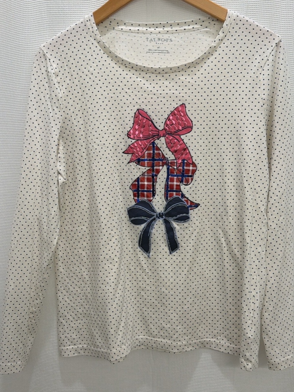 Talbots Cream Long-Sleeve Dot Top with Pink Sequin & Navy Plaid Bow Accents